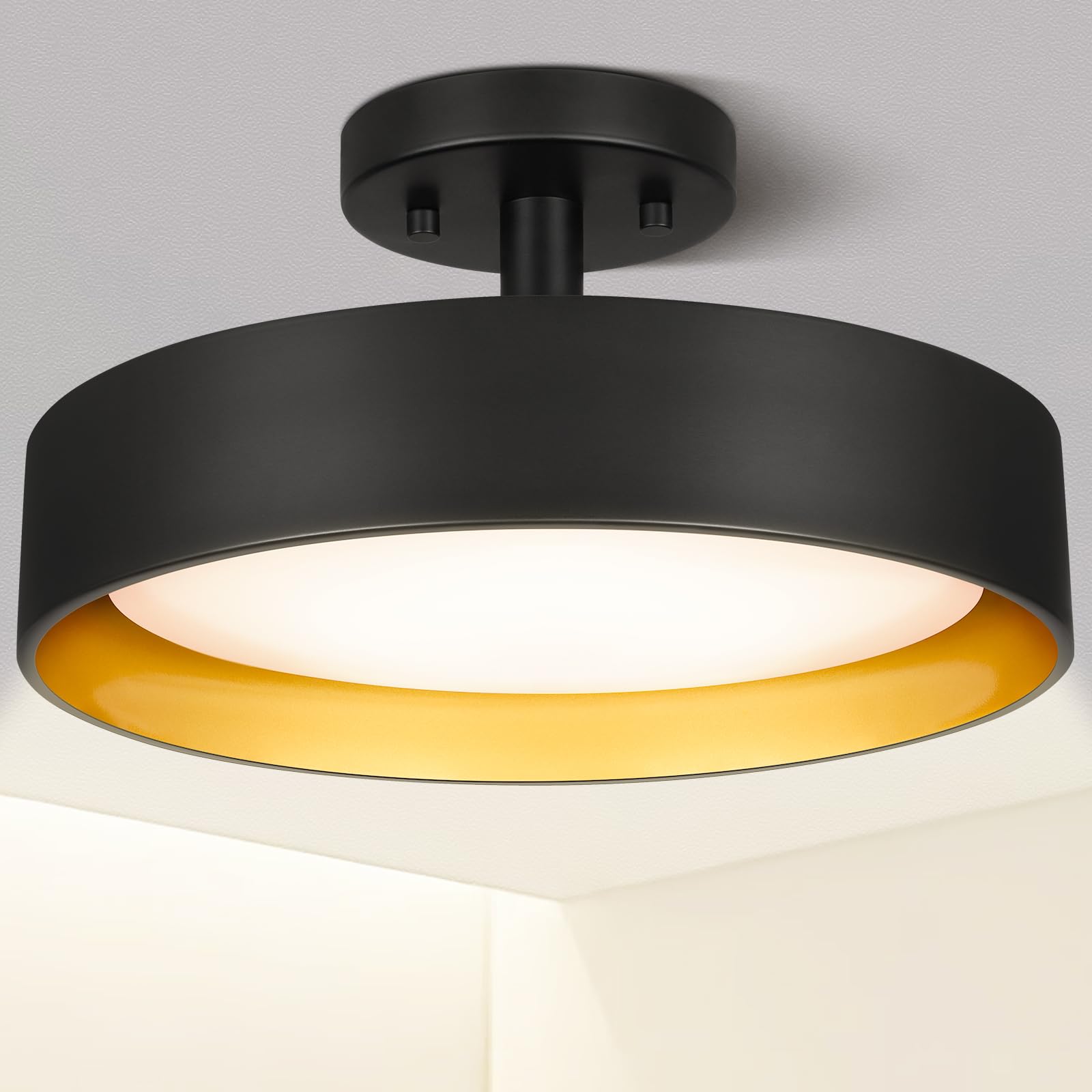 Semi Flush Mount Ceiling Light, 12 Inch 25W LED Ceiling Light Fixture Black, Gold Inside, 5000K Daylight White, Dimmable Lighting for Hallway