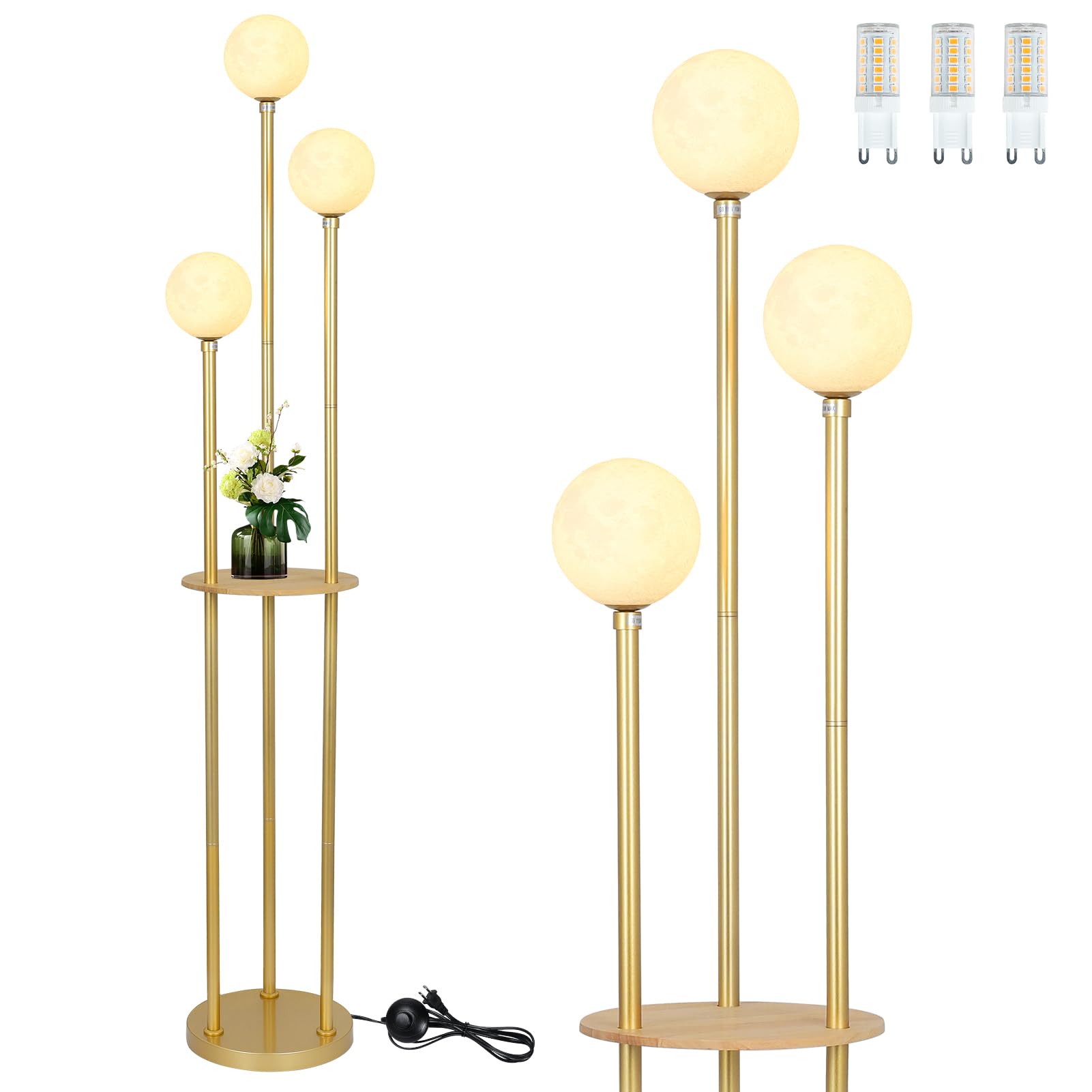 Gold Floor Lamp with Shelves, Modern Floor Lamps for Living Room with 3 G9 Bulbs, Mid Century Standing Lamp with 3D Printing Moon shades, Corner Tall Lamp with Table, Stand up Lamp for Bedroom Office