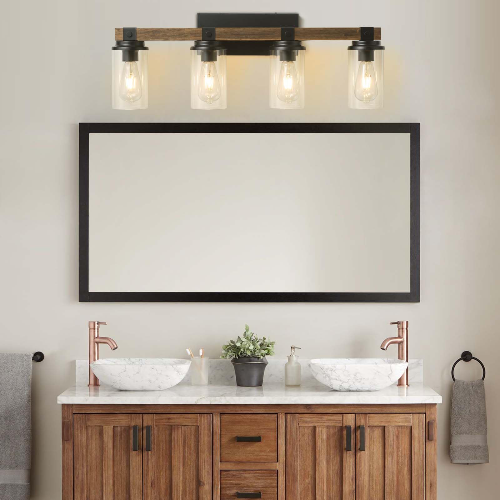 Farmhouse Bathroom Light Fixture Wood Black Vanity Lighting 2-Light Wooden Wall Sconce Industrial Rustic Wall Light Fixtures Over Mirror with Clear Glass Shade for Bathroom Hallway Kitchen Bedroom