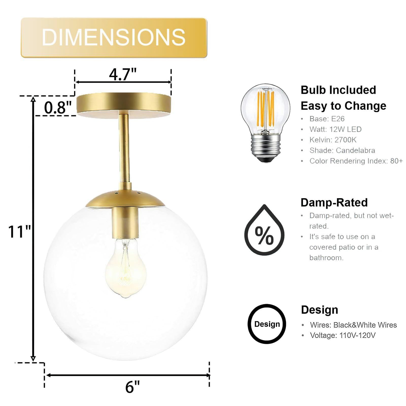 KoKo&Yukina 3-Light Semi Flush Mount Ceiling Light Globe Ceiling Light Mid Century Ceiling Light with Opal Milk Glass Globe & Brushed Brass for Bedroom Hallway Entryway Kitchen Living Room-Bulb Incl