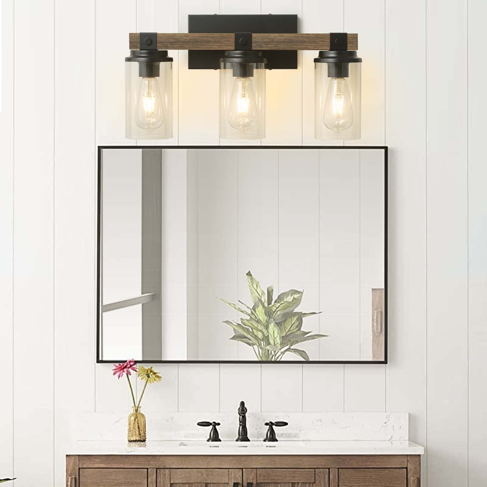 Farmhouse Bathroom Light Fixture Wood Black Vanity Lighting 2-Light Wooden Wall Sconce Industrial Rustic Wall Light Fixtures Over Mirror with Clear Glass Shade for Bathroom Hallway Kitchen Bedroom