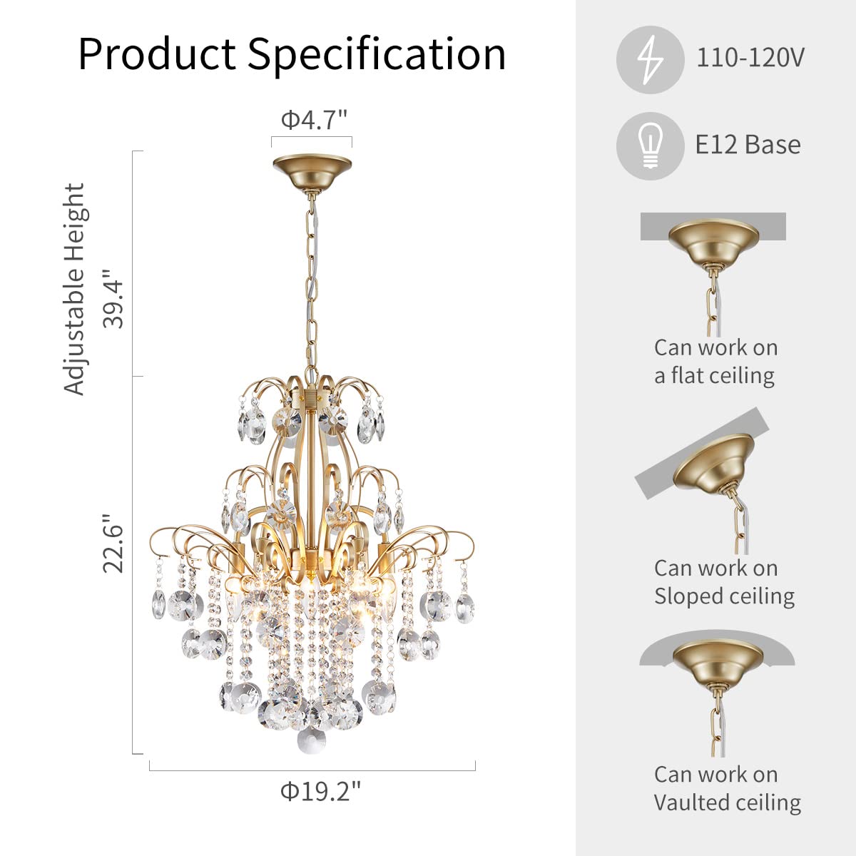 Crystal Chandelier Flushmount Ceiling Light Modern Lighting Fixture for Bedroom Hallway Bar Kitchen Bathroom, H 17.5'' x W 19.3'', E12 Base, Gold