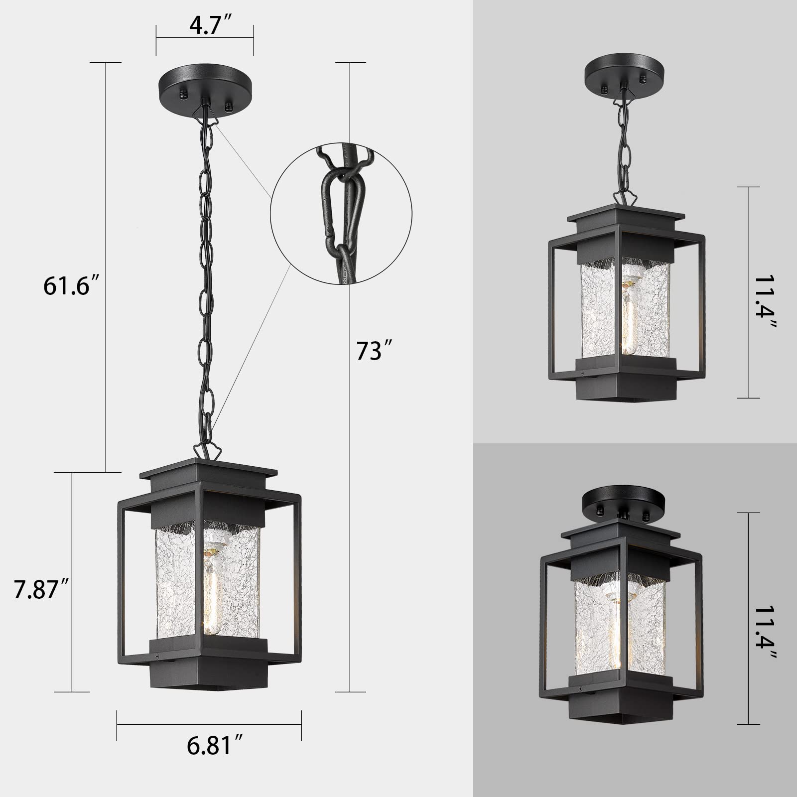 Outdoor Indoor Pendant Light Exterior Hanging Lantern, 11.4" Modern Outside Ceiling Chandelier for Front Porch Entrance Foyer Entryway, Aluminum, Crack Glass, G6001/1H-SBK