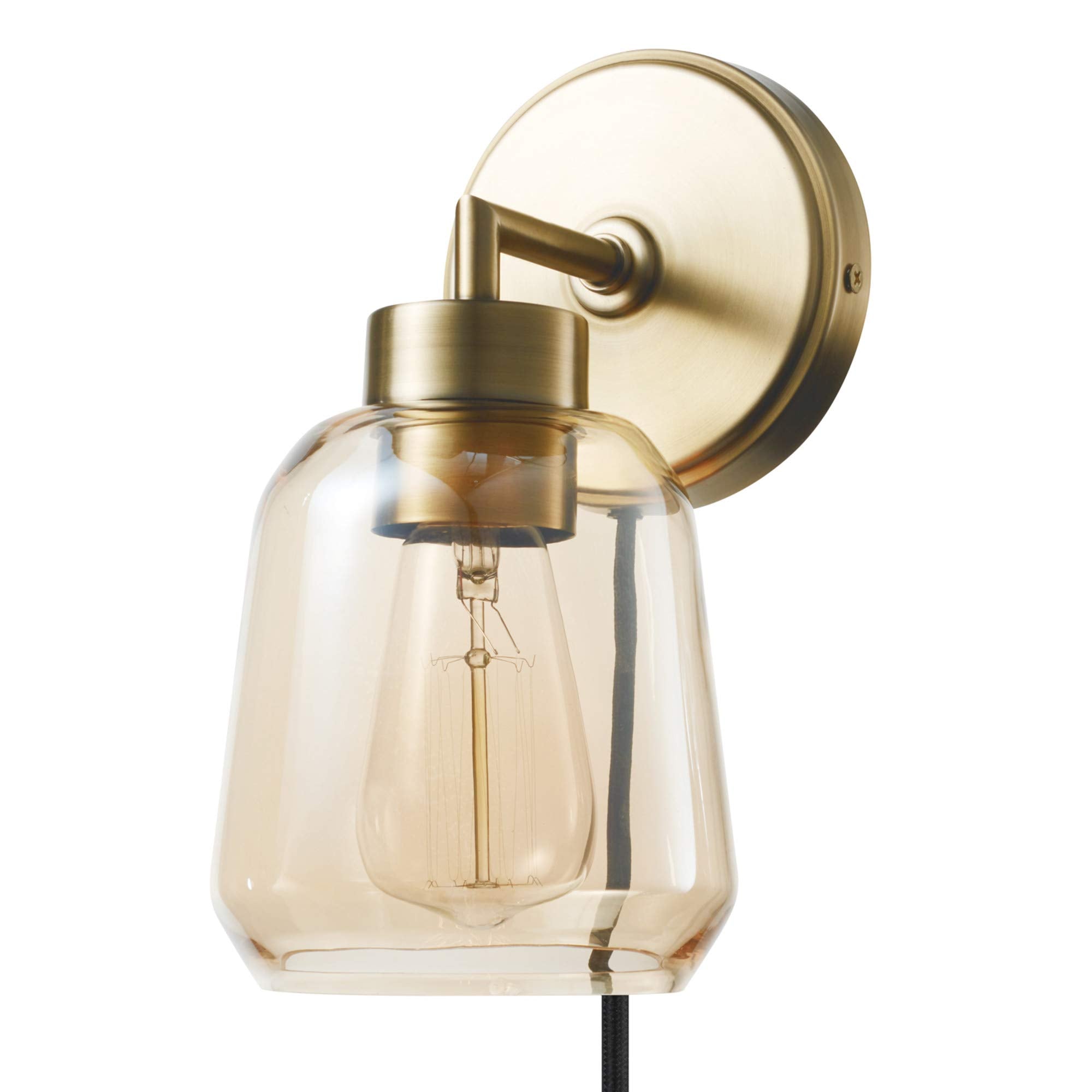 Globe Electric 51715 Salma 1-Light Plug-in or Hardwire Wall Sconce, Matte Brass, Smoked Amber Glass Shade, Black Fabric Cord, in-Line On/Off Switch