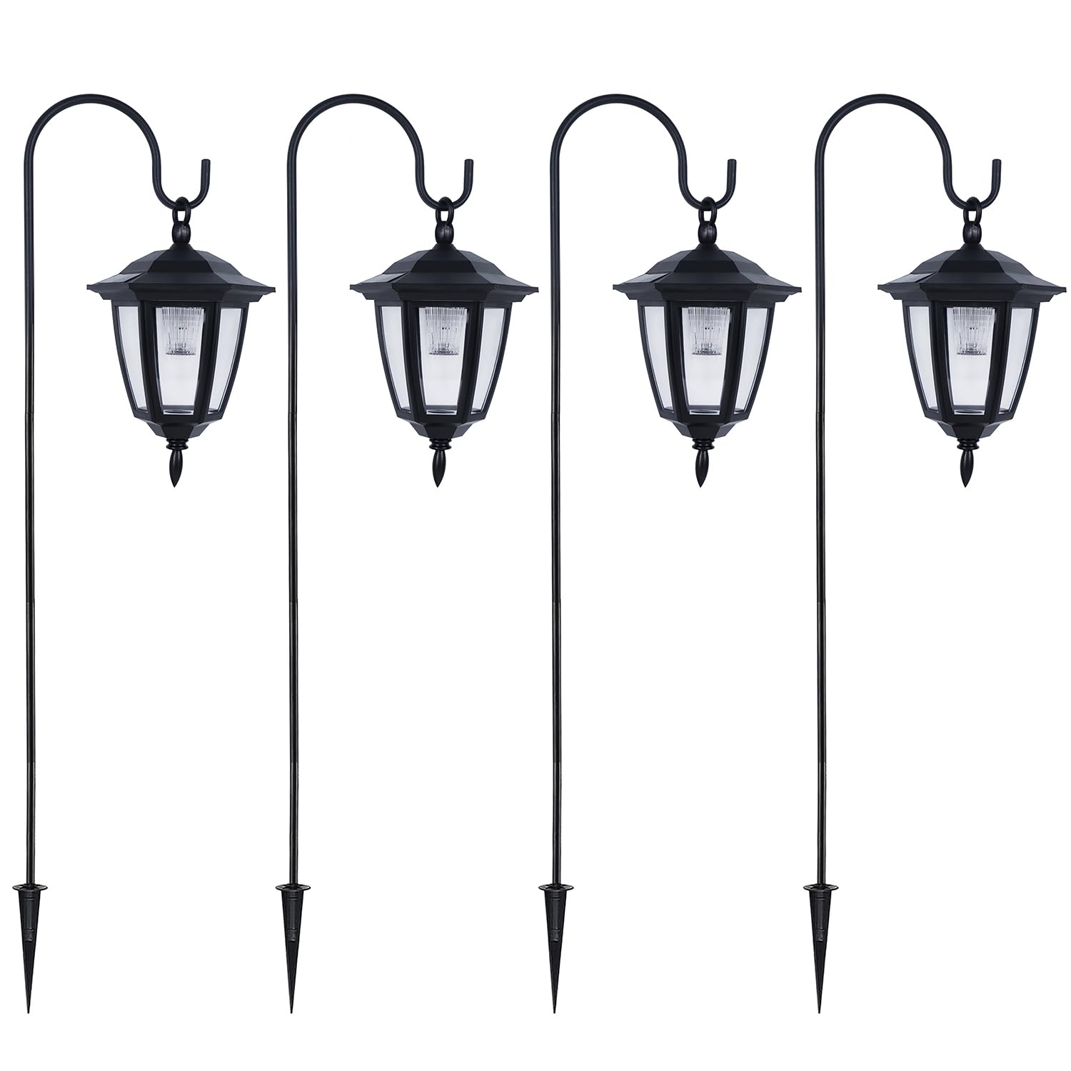 4 Pack Solar Hanging Lights Outdoor, Solar Powered Garden Decorative Lanterns with 4 x 38 Inch Shepherd Hooks, Waterproof Landscape Lighting for Lawn Patio Yard Pathway Driveway, Warm White