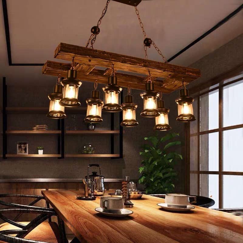 8 Lights Industrial Retro Wooden Chandelier Pendant Light Island Hanging Ceiling Fixture Vintage Farmhouse Wood Light Adjustable Chain for Home Cafe Bar Restaurant (39.4")