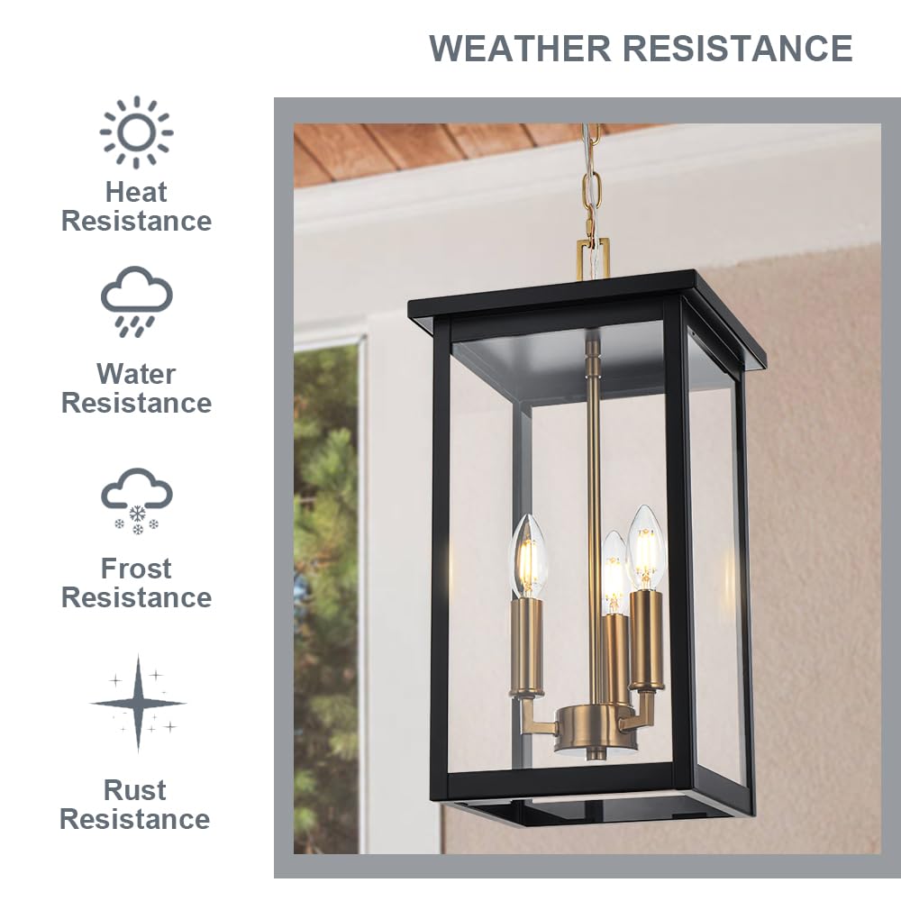 3-Lights Large Outdoor Pendant Lighting Clear Glass, Ceiling Porch Light Fxitures Adjustable Chain for Foyer Patio, Exterior Hanging Lantern Lamp, E12 Bulb Base, Black & Bruhed Brass