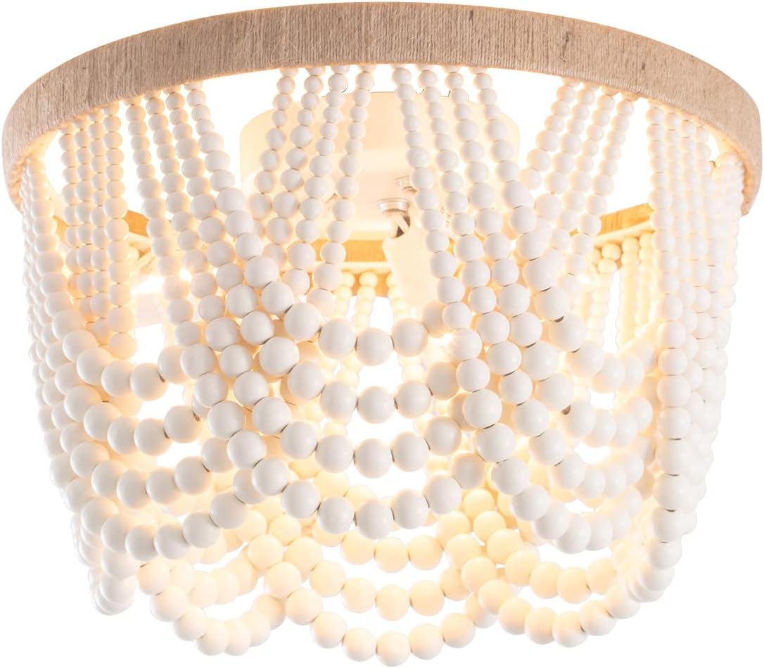 Bohemia Wood Beaded Flush Mount Ceiling Light Antique Rustic Mini Chandelier White Finishing for Bedroom,Nursery Room, Girl Room, Hallway, Entryway, Passway, Dining Room, 3-Light