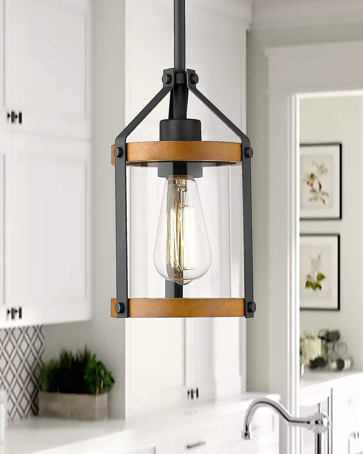 Pendant Light Fixtures, Farmhouse Wood and Glass Pendant Lighting for Kitchen Island, Rustic Length Adjustable MD89437