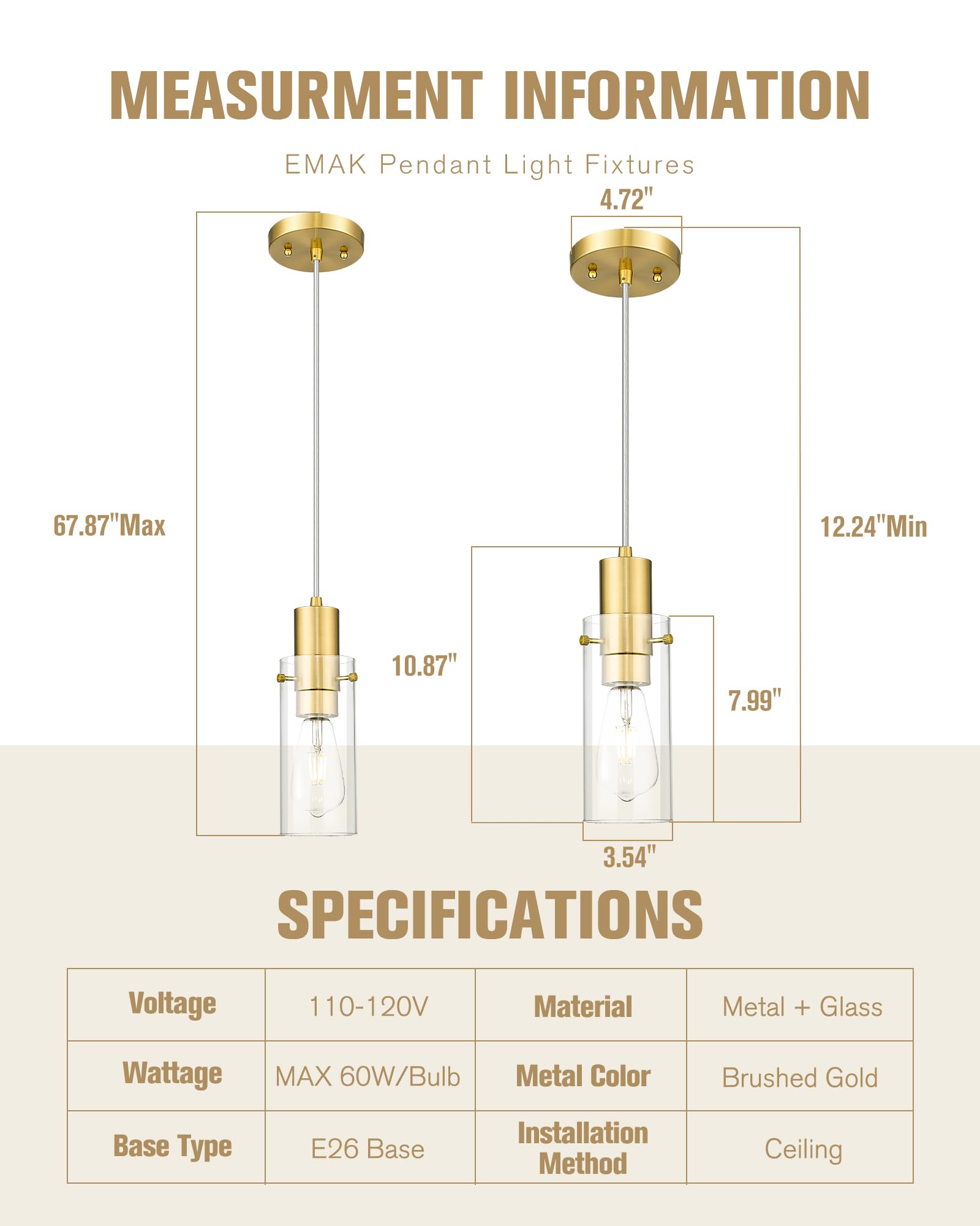 Emak Gold Pendant Light Fixtures, 3-Light Pendant Lights with Clear Glass Shade, Modern Farmhouse Hanging Lights for Kitchen Island, Dining Room, Bathroom, Bedroom, PL120-GD-CL