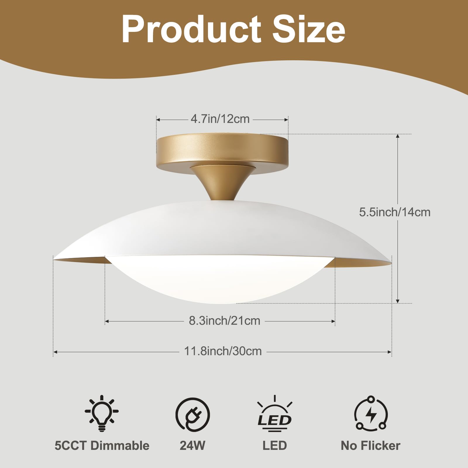 Dimmable Flush Mount Ceiling Light, Modern White and Gold Semi Ceiling Light, LED 5CCT 2700 K - 6000 K Lighting Fixture Ceiling Lamp for Hallway Bedroom Bathroom Kitchen