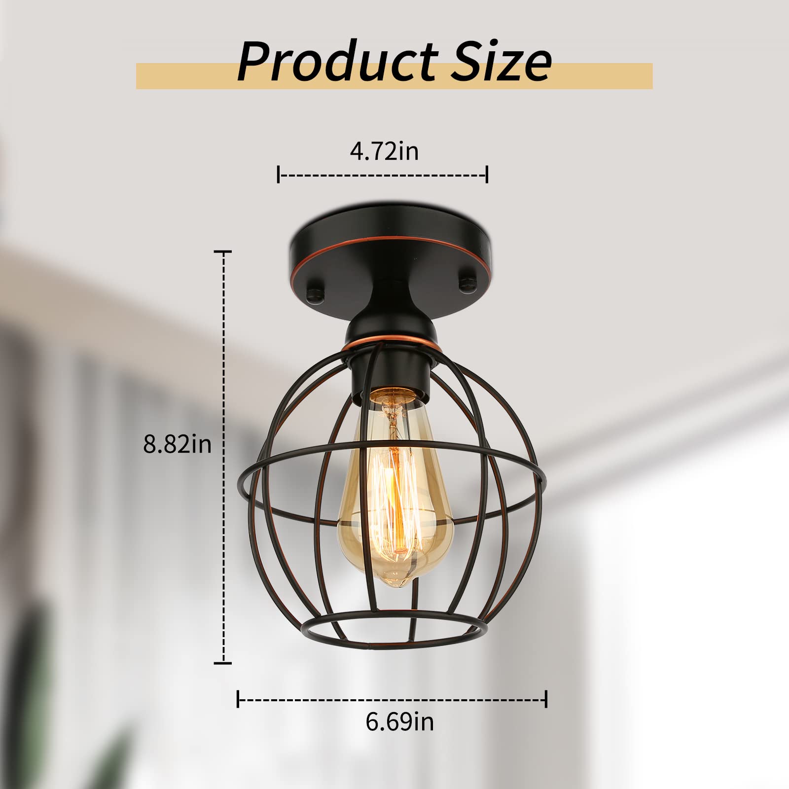 Semi Flush Mount Ceiling Light - Black Light Fixture Hallway Light Fixtures Ceiling Metal Cage Ceiling Light Fixtures Farmhouse Lighting for Porch Kitchen Bedroom Laundry Room Entryway