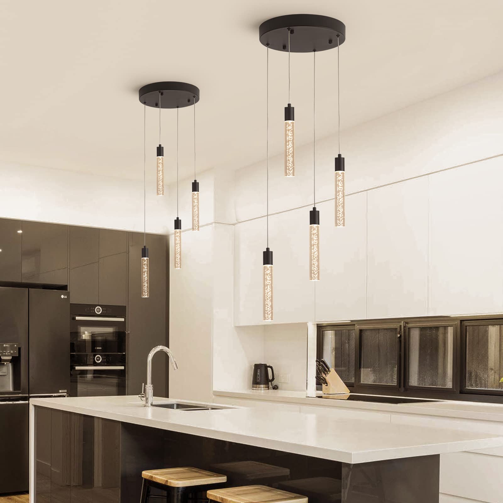 Modern Pendant Lighting 5-Light Linear Chandeliers Dimmable LED Pendant Lights Kitchen Island Lighting with Matte Black Finish and Acrylic Shades for Kitchen Island and Dining Room…