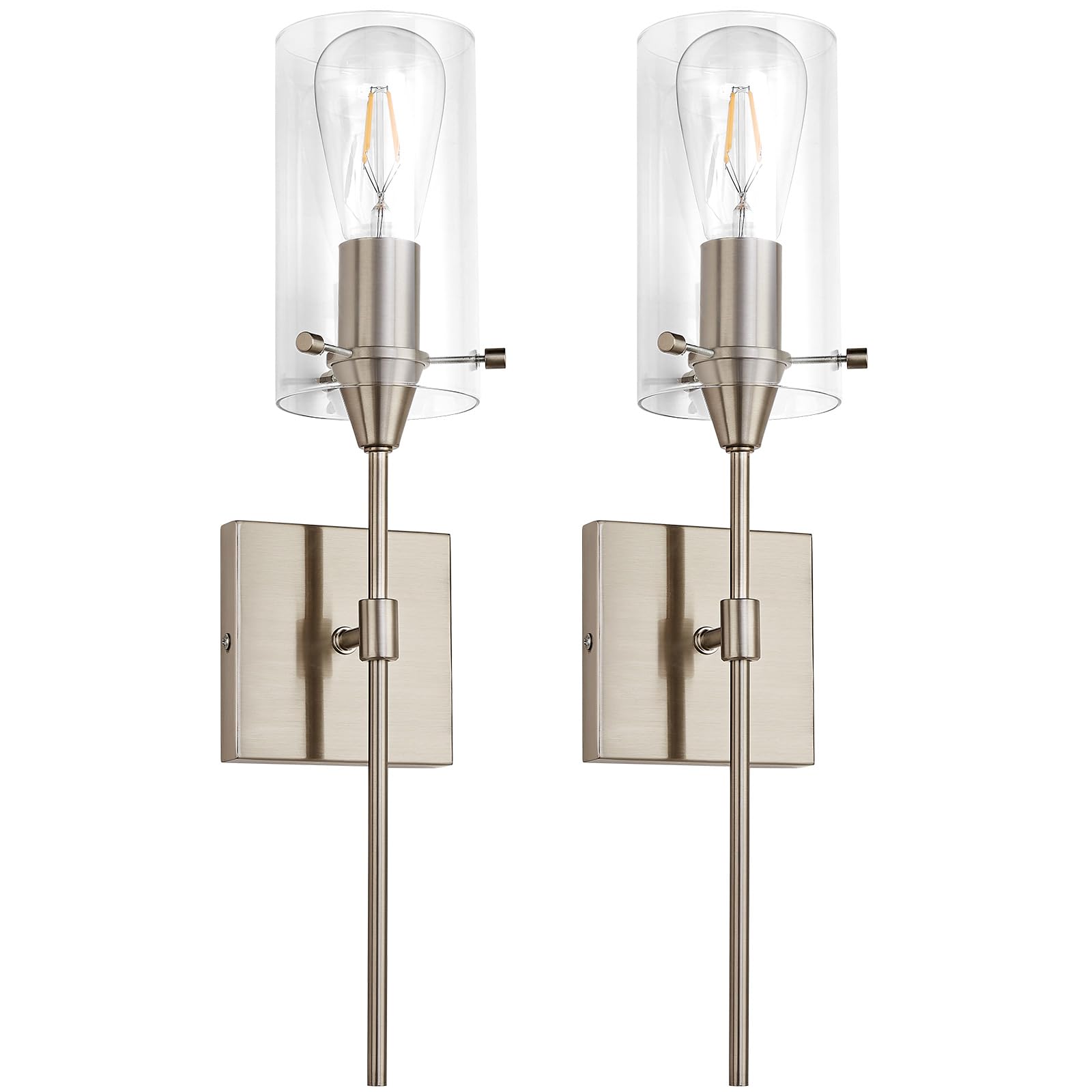 Brushed Nickel Wall Sconces Set of Two, Modern Bathroom Wall Sconce Vanity Light Fixtures with Clear Glass, Hardwired Wall Lamps Industrial Sconces Wall Lighting for Living Room Corridor Bedroom