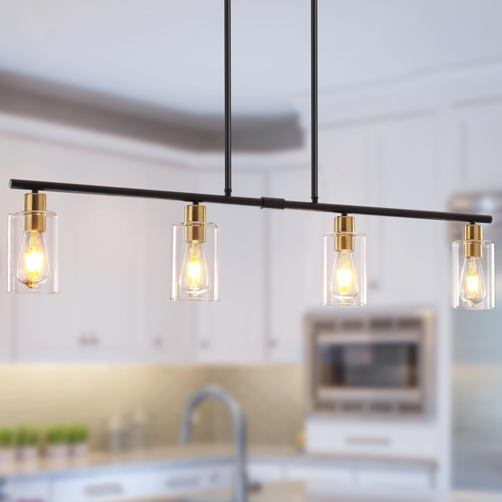 Kitchen Island Lighting, 3 Lights Linear Chandeliers Rectangle Pendant Light Fixtures for Dining Room Farmhouse Hanging Light with Glass Shades Hanging Lights - Gold