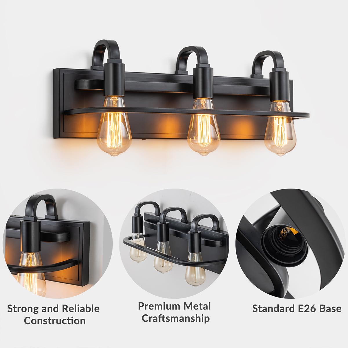 Industrial Vanity Light Fixture, 3-Light Matte Black Farmhouse Bathroom Wall Sconce Lighting