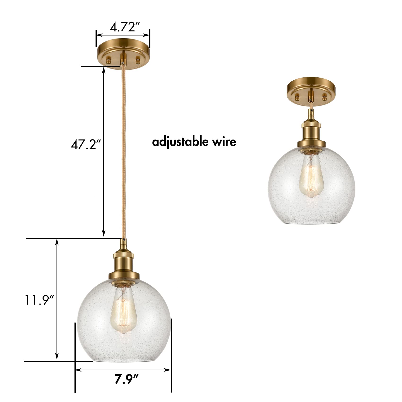 YUBOLE Modern Brass Seeded Glass Pendant Lights Golden Finish Kitchen Pendant Lighting Fixture Dimmable Hanging Pendant Lighting