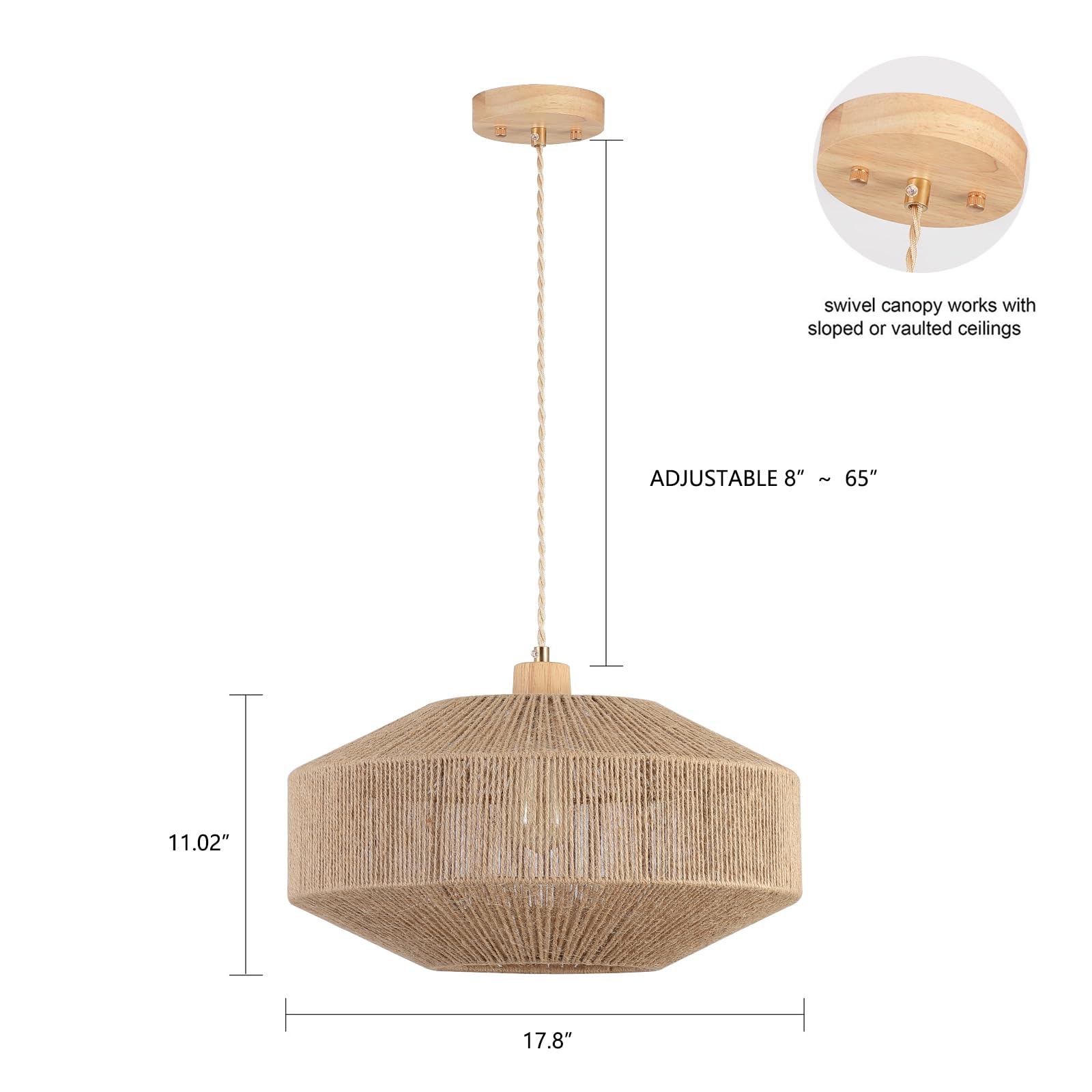 Coastal Large Woven Pendant Light Fixture 17.8 inch One-Light Adjustable Natural Hemp Rope Cage Pendant Lighting for Kitchen Island Dining Room Living Room Farmhouse