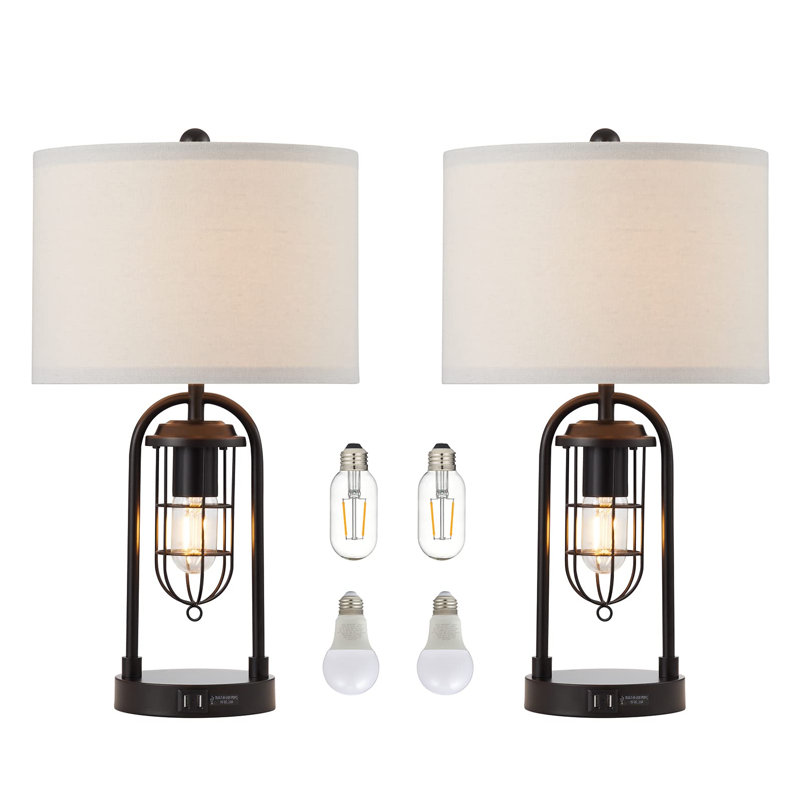 Set of 2 Farmhouse Table Lamps with USB Ports and Night Light Modern Nightstand Lamp Set of 2 for Living Room Bedroom（Bulbs Included）