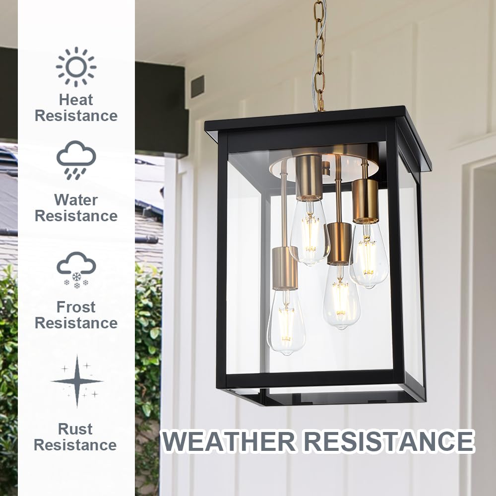 Large Outdoor Pendant Light Fixtures, 4-Lights Black Exterior Ceiling Hanging Lanterns with Clear Glass, Farmhouse Outdoor Chandelier for Front Door Entry Patio