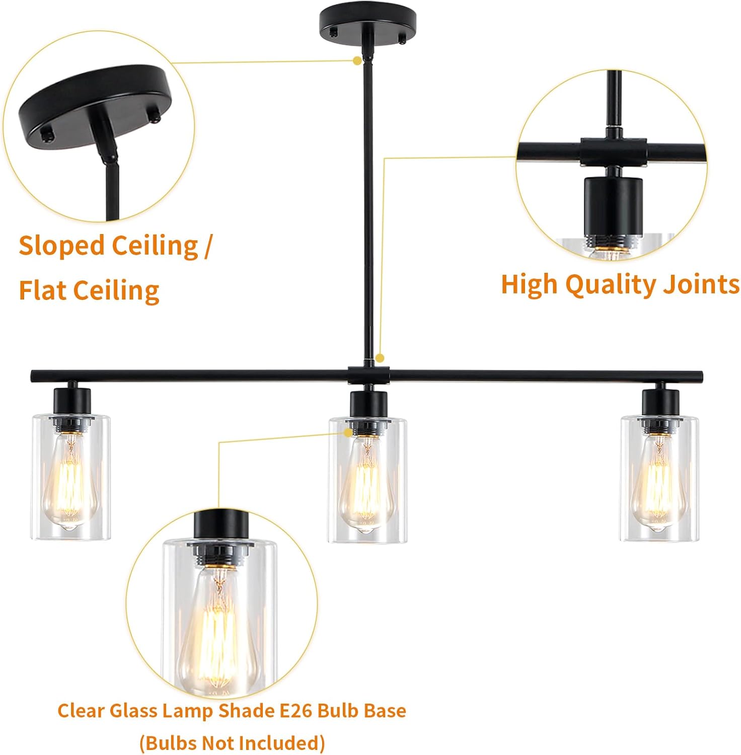 Pendant Lights Kitchen Island - Dining Room Light Fixture with 3 Clear Glass Shades - Modern Black Light Fixture Kitchen Island Lighting for Farmhouse Living Room Foyer Entryway