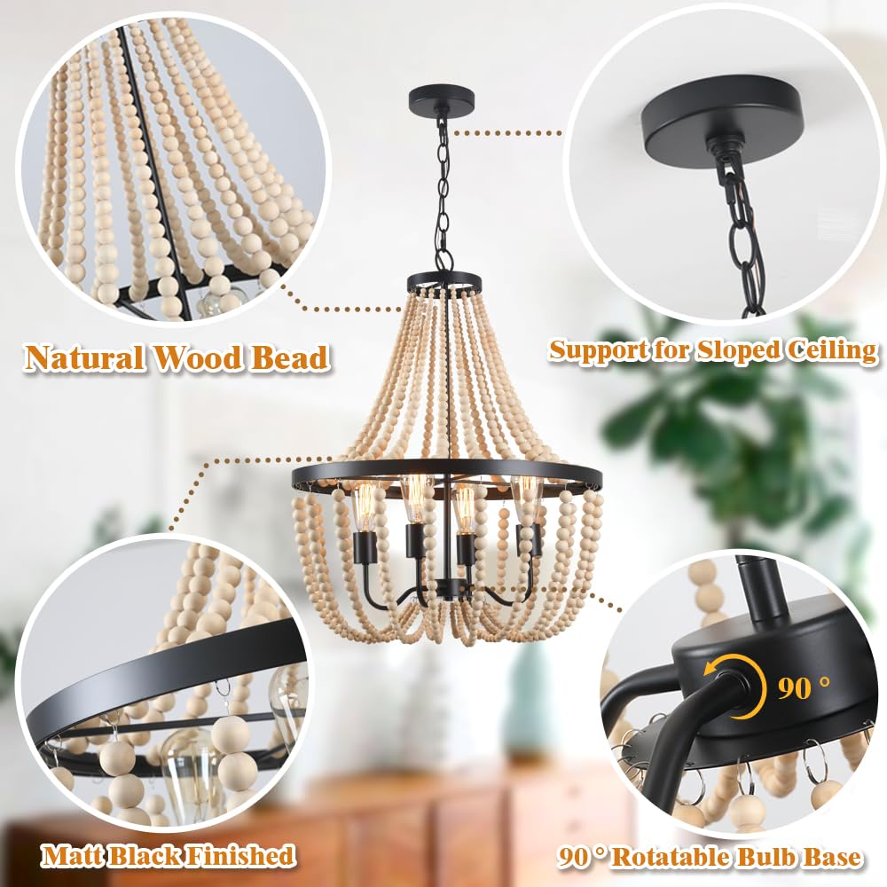 Farmhouse Chandelier,Beaded Chandelier Boho Chandelier 4-Light Large Chandeliers for Dining Room Boho Light Fixture Black Chandelier Wood Chandelier for Bedroom Kitchen Island Foyer Entryway Porch