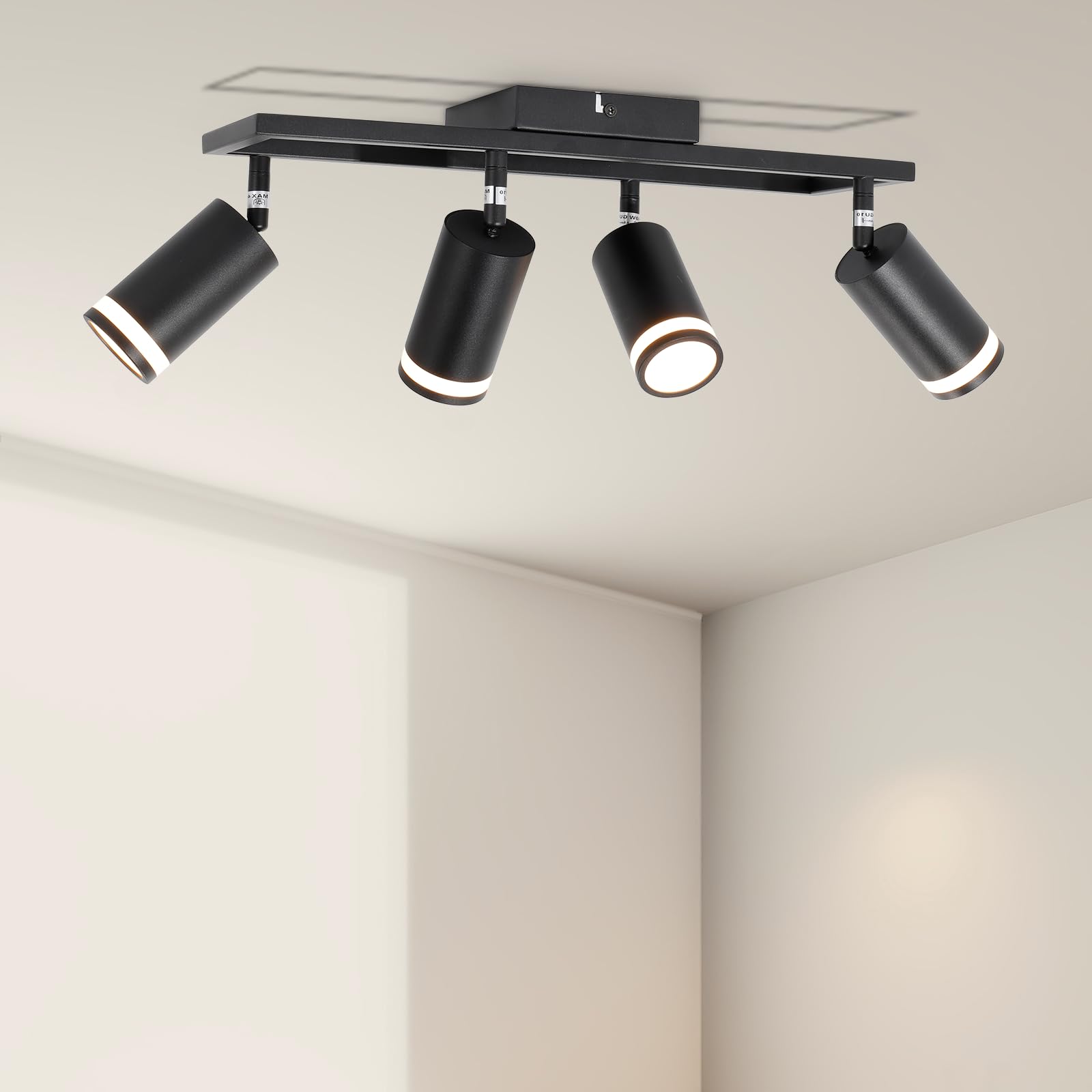 4-Light Track Lighting - Black 4 Way Ceiling Spot Lighting with Rotatable & Detachable GU10 Light Head - Flush Mount Modern LED Track Light Kit for Kitchen Cabinet Gallery Bar Office