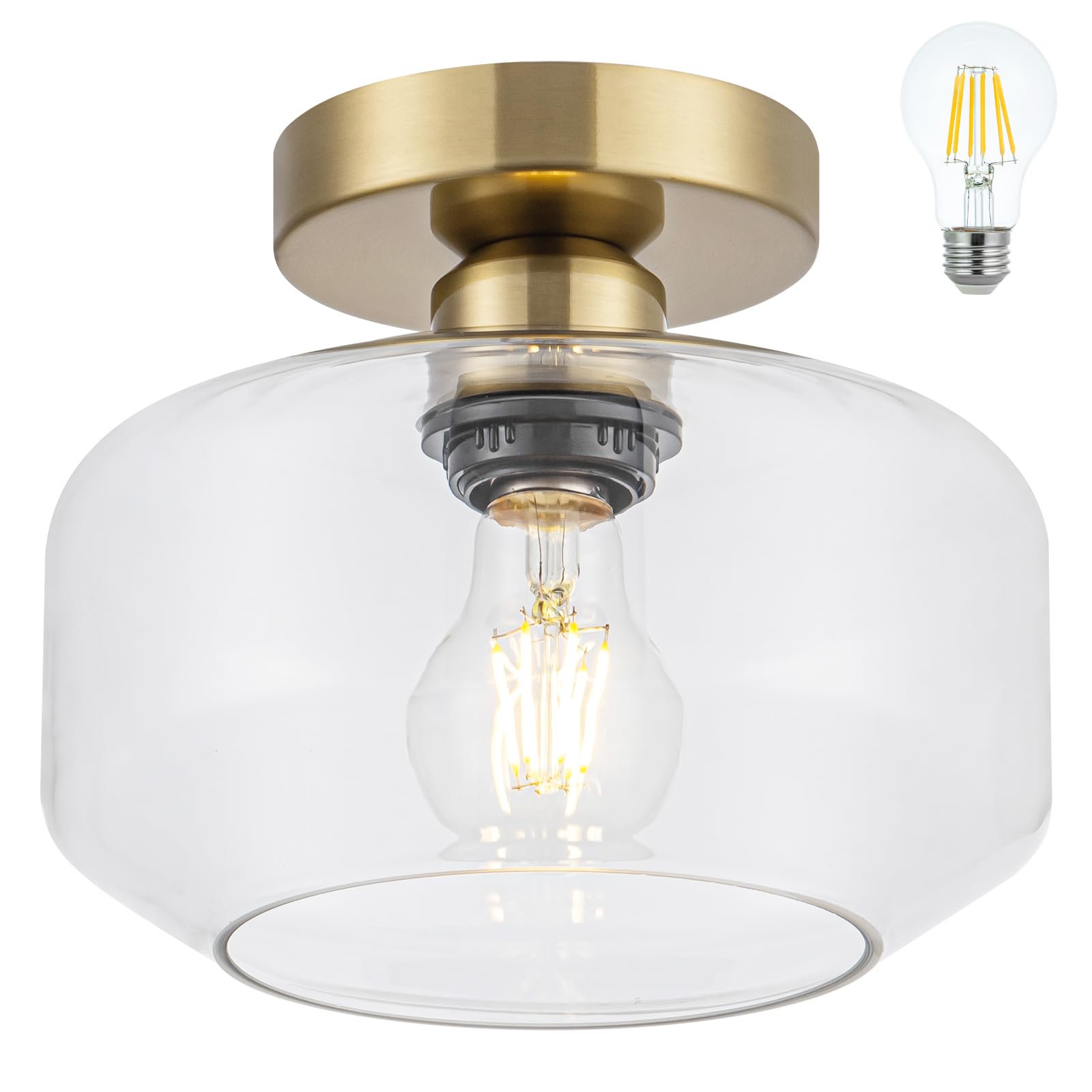 semi Flush Mount Ceiling Light Fixture with Textured Glass Brass Metal Base Includes 1200 lumens LED Bulbs Gold Hallway Light Fixtures Modern Ceiling Light Suitable for entryway Bathroom