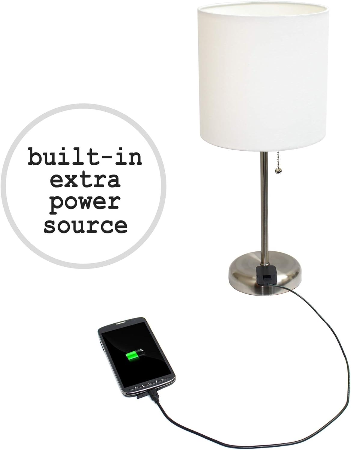 Brushed Steel Stick Table Desk Lamp with Charging Outlet and Drum Fabric Shade, White Shade