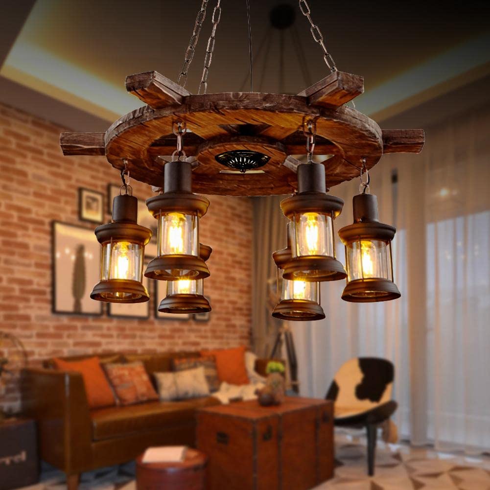 8 Lights Industrial Retro Wooden Chandelier Pendant Light Island Hanging Ceiling Fixture Vintage Farmhouse Wood Light Adjustable Chain for Home Cafe Bar Restaurant (39.4")