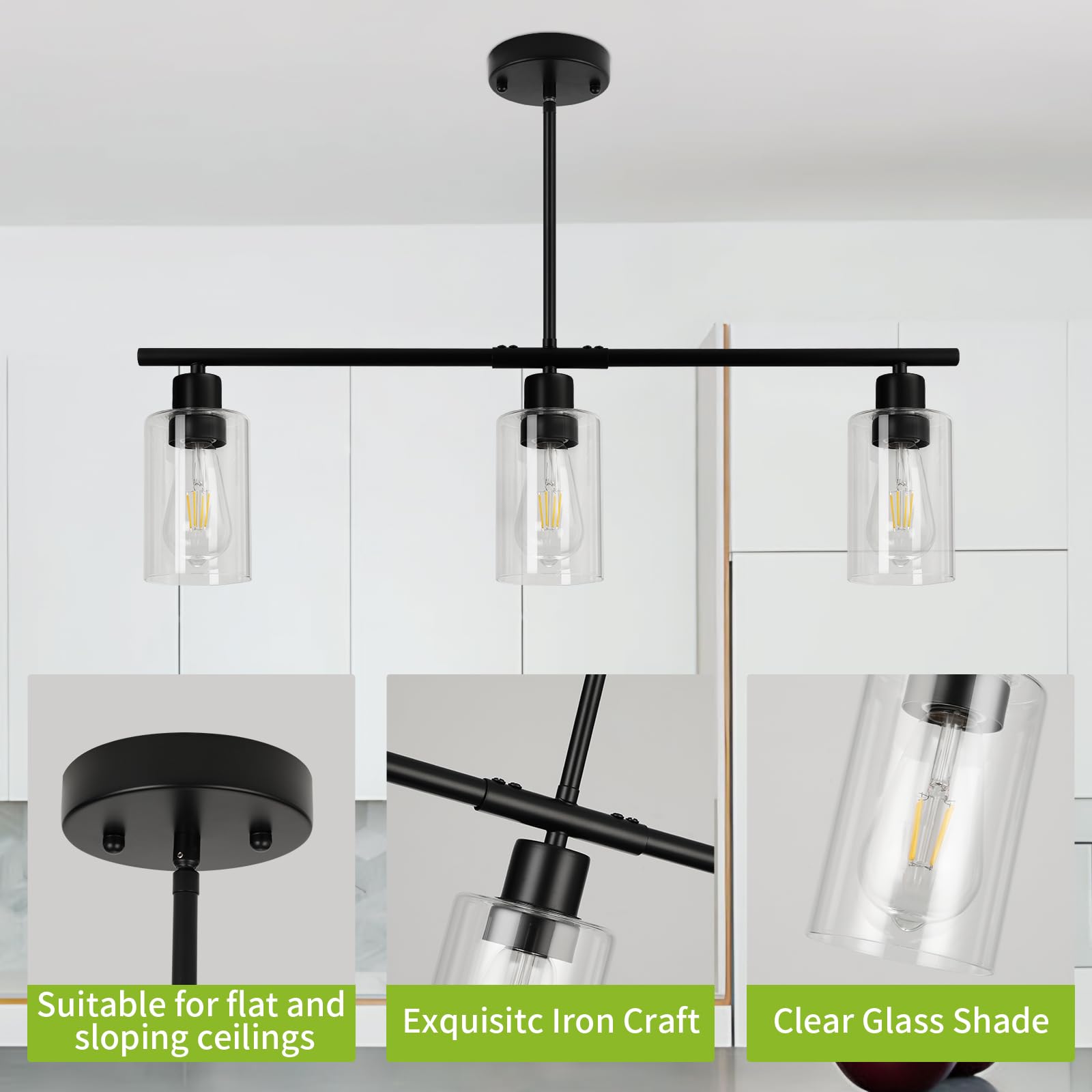 3 Lights Kitchen Island Lighting, Black Pendant Light Fixtures with Glass Shade Dining Room Light Fixture Adjustable Farmhouse Chandelier Modern Pendant Lights Ceiling Hanging Lighting E26 Base