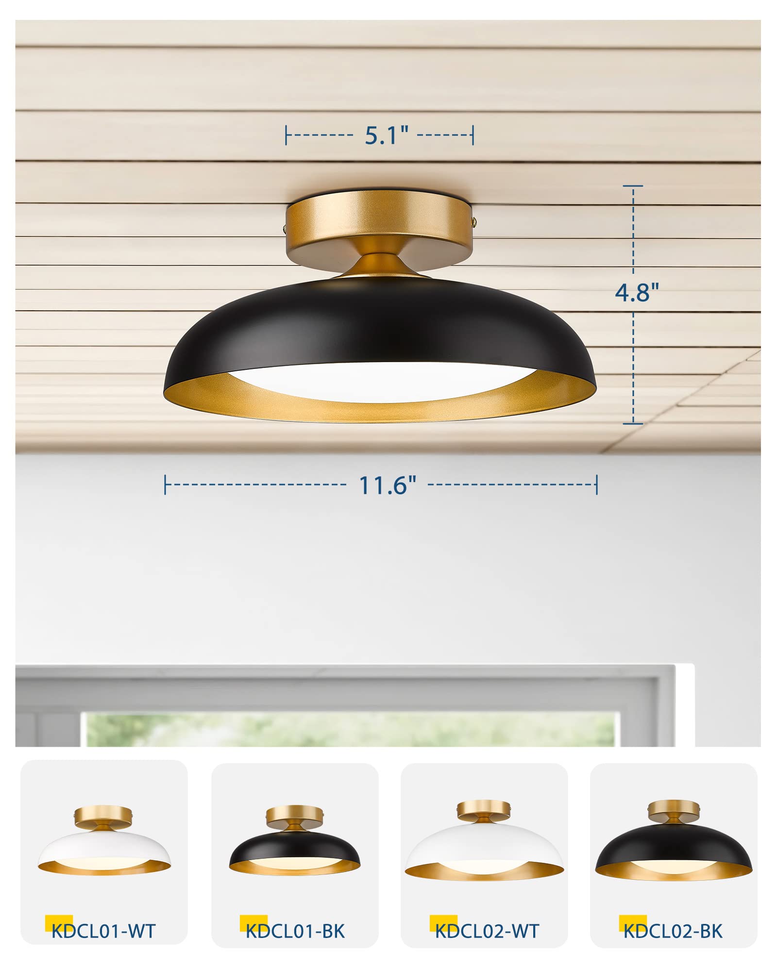 Gold Ceiling Light, 12 Inch LED Semi Flush Mount Ceiling Light Fixture, 12W/700Lm Ceiling Lights for Kitchen, Bathroom, Hallway, 3000K/4000K/6000K Adjustable, KDCL01-GD