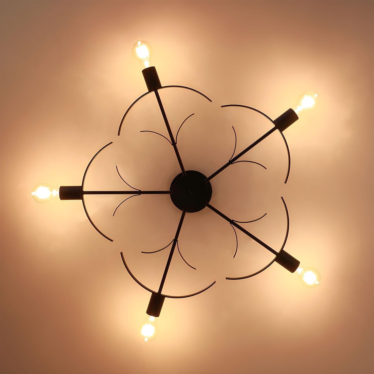 Semi Flush Mount Ceiling Light, Modern Black Metal Dining Room Light Fixture with Flower Shape, E26 Mid Century Close to Ceiling Light Fixtures for Living Room Bedroom Kitchen 5 Lights