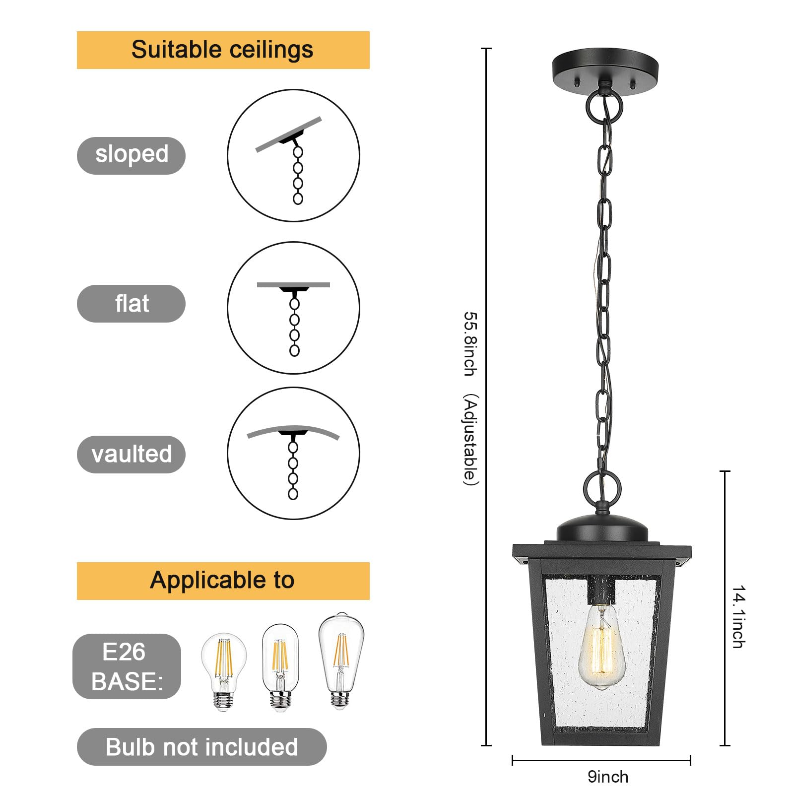 Outdoor Pendant Light for Porch, Exterior Hanging Lantern Outdoor Chandelier in Black Finish for Entryway, Doorway, Farmhouse, Foyer