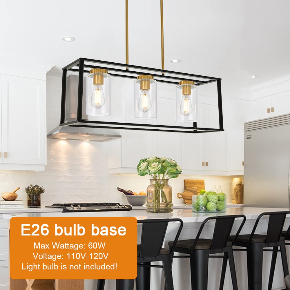 3-Light Industrial Metal Large Pendant Lighting Oil Rubbed Bronze Modern Linear Chandelier with Clear Glass Shades Farmhouse Rustic Ceiling Light Fixtures Hanging for Dining Room Kitchen Island