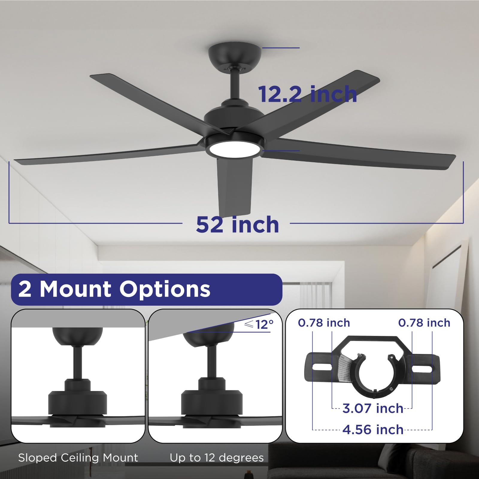 Ceiling Fans with Lights, 52 inch Black Ceiling Fan with Light and Remote Control, 3CCT, Quiet DC Motor, 5 Blades Modern Ceiling Fan for Living Room Farmhouse Bedroom