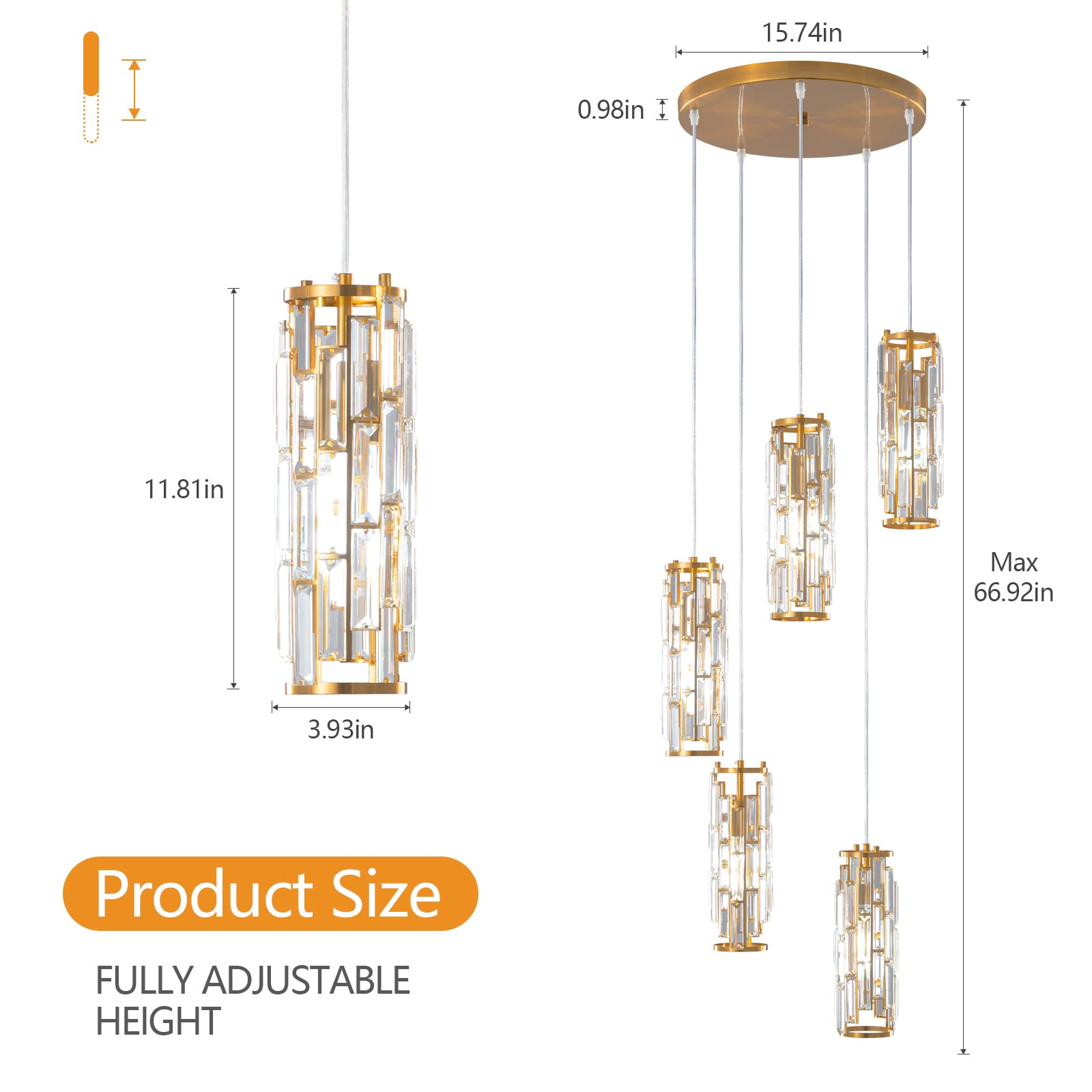 LMQNINE Pendant Lighting Modern Pendant Light, Mini Crystal Chandeliers,Adjustable Pendant Light Fixture for Kitchen Island Dinning Room Bedroom (Gold, 3-Light)