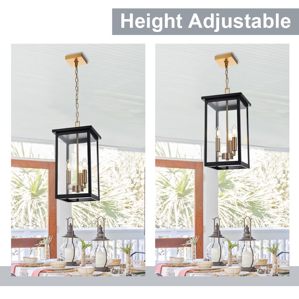 3-Lights Large Outdoor Pendant Lighting Clear Glass, Ceiling Porch Light Fxitures Adjustable Chain for Foyer Patio, Exterior Hanging Lantern Lamp, E12 Bulb Base, Black & Bruhed Brass