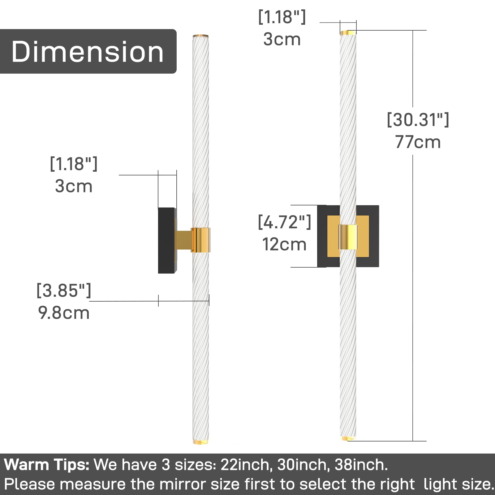 LED Vanity Light, 30inch Dimmable Bathroom Light Fixtures Over Mirror, 15W 6000K Black and Gold Modern Linear Vanity Lights, 360°Sconces Wall Lighting Bar(White Light)