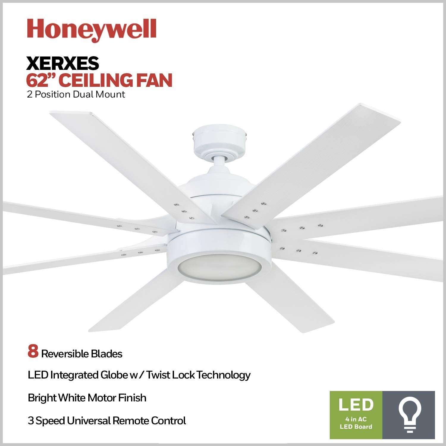 Ceiling Fans Xerxes, 62 Inch Contemporary LED Ceiling Fan with Light and Remote Control, 8 Blades with Dual Finish, Reversible Motor - 51628-01 (Brushed Nickel)