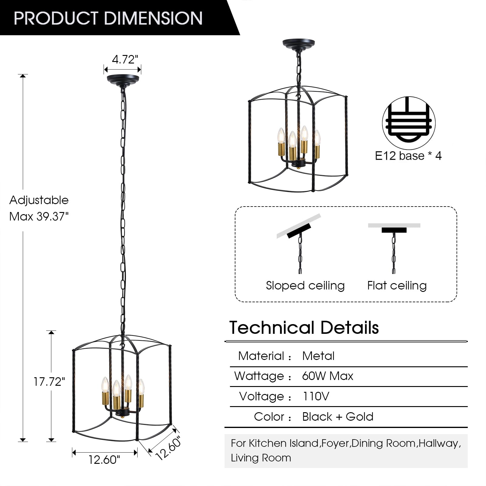 Farmhouse 4 Lights Pendant Light, Industrial Black Lantern Chandelier with E12 Gold Base Metal Cage Rustic Geometric Hanging Light Fixtures for Kitchen Island Foyer Entryway Dining Room