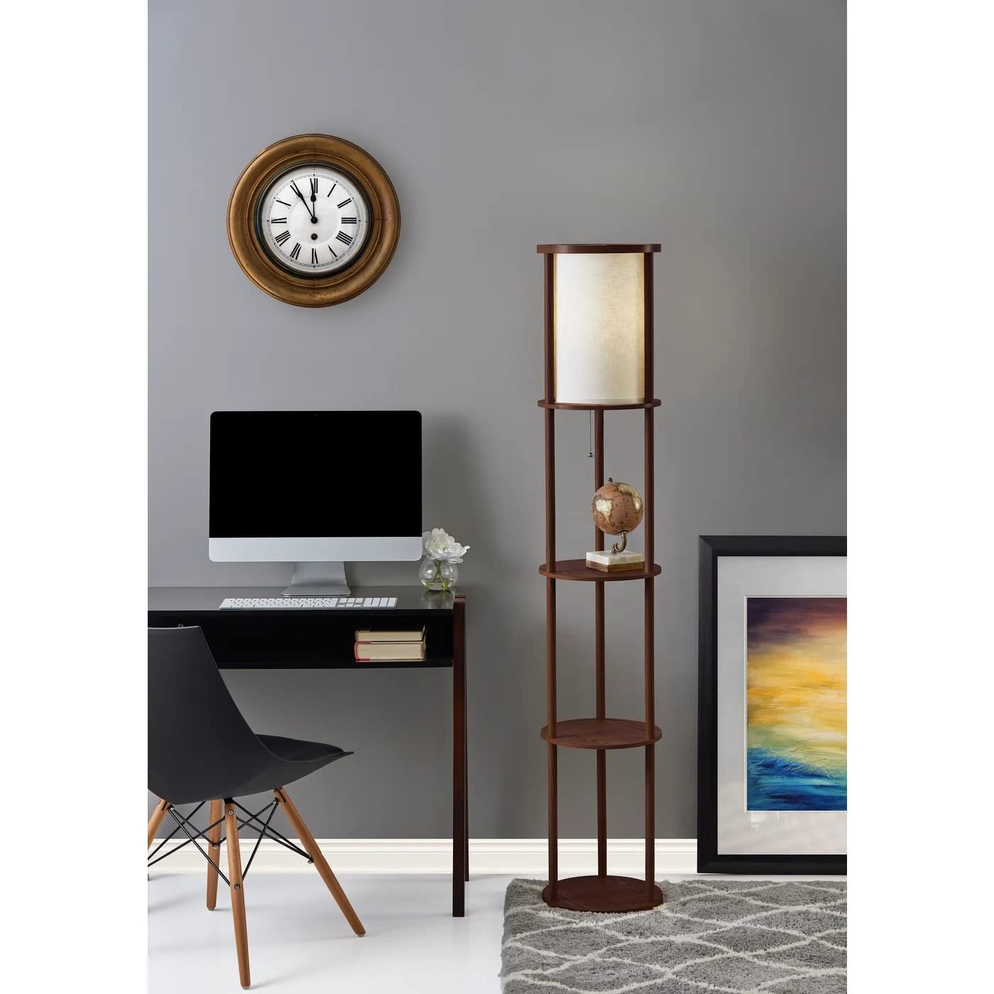 Stewart Round Shelf Floor Lamp, Natural Wood Finish