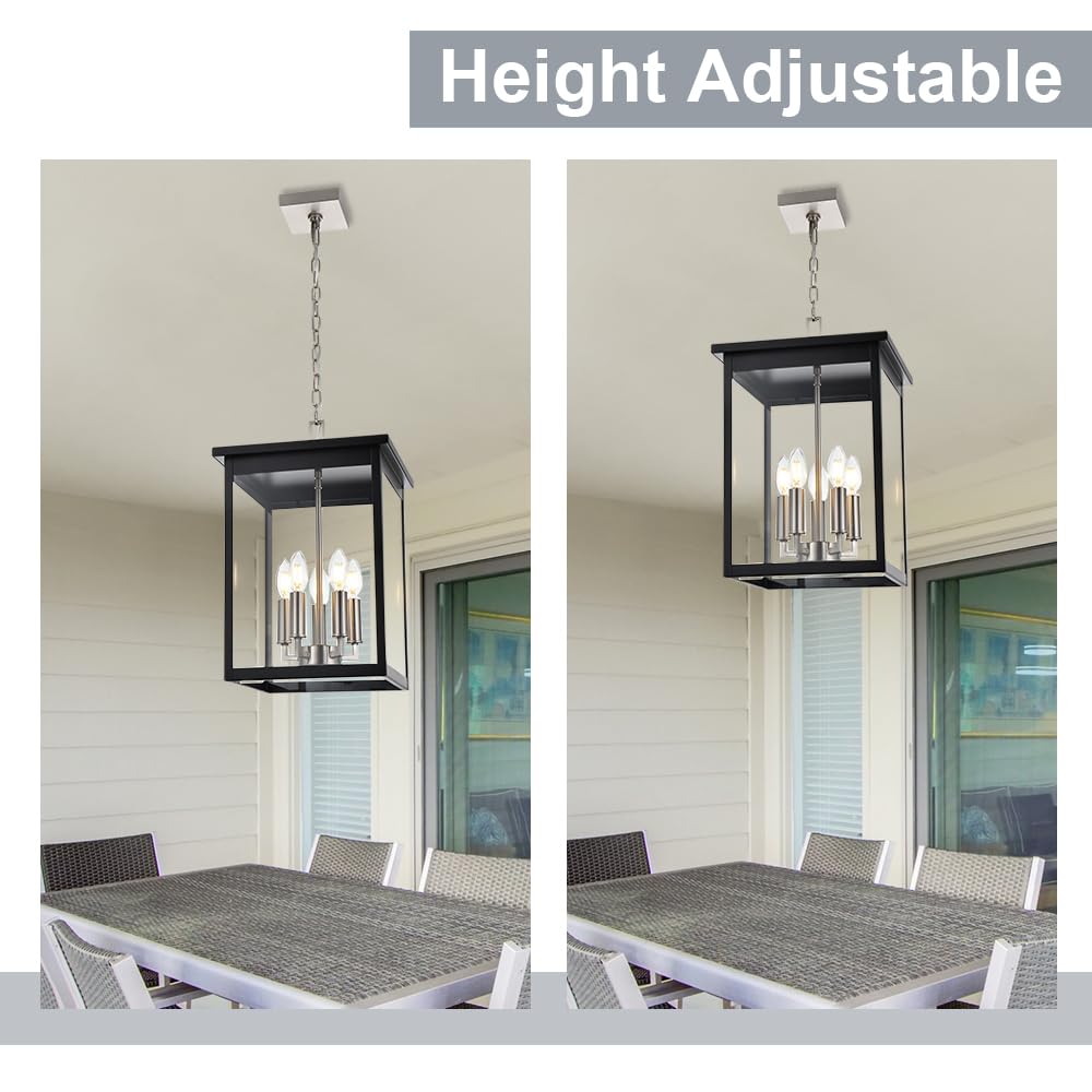 3-Lights Large Outdoor Pendant Lighting Clear Glass, Ceiling Porch Light Fxitures Adjustable Chain for Foyer Patio, Exterior Hanging Lantern Lamp, E12 Bulb Base, Black & Bruhed Brass