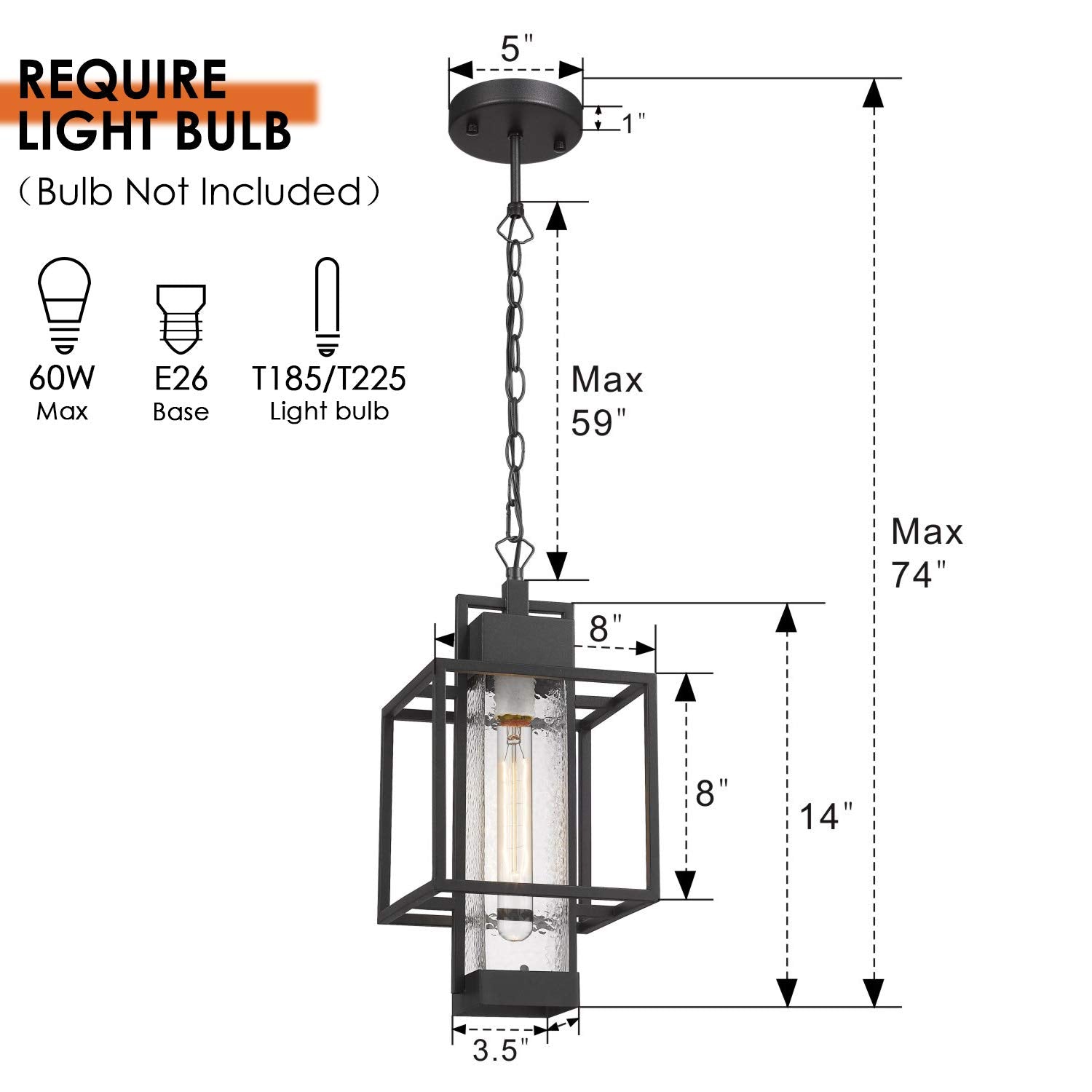 Outdoor Pendant Light Fixture, 1 Light Exterior Hanging Lantern Porch Light, 14" Outside Lighting for House in Black Finish with Bubble Glass Lamp Shade 2375/1HL