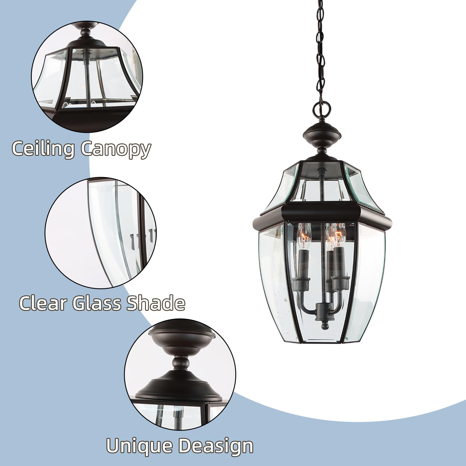 Large Outdoor Pendant Light Fixture 3-Light, 20in Modern Black Outdoor Chandelier Hanging Porch Light, Metal Exterior Ceiling Mount Hanging Lantern with Clear Glass for Front Door, Entrance, Gazebo