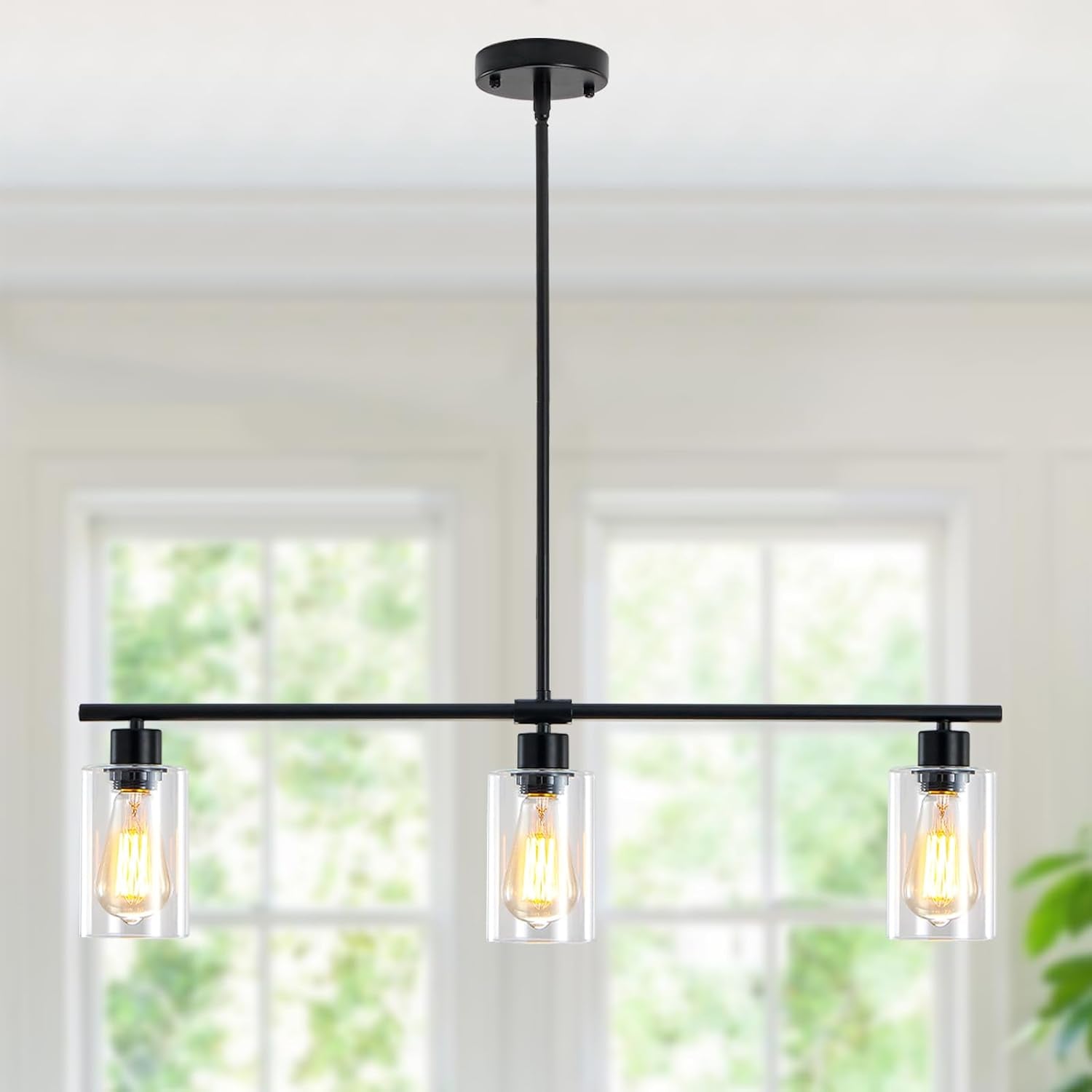 Pendant Lights Kitchen Island - Dining Room Light Fixture with 3 Clear Glass Shades - Modern Black Light Fixture Kitchen Island Lighting for Farmhouse Living Room Foyer Entryway