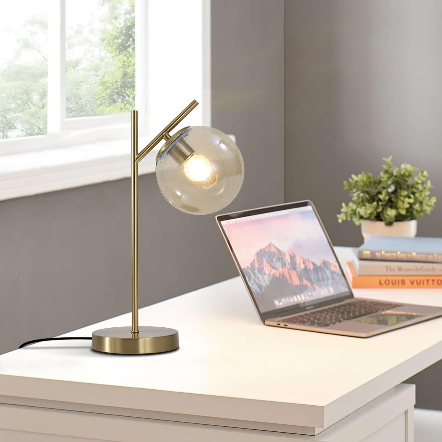 Globe Table Lamp 1 Light Brass Glass Globe Table Lamp Contemporary Metal Table Lamp Bedside Table lamp with Milky White Glass lampshade Bedroom Living Room Study Room(H19.2)