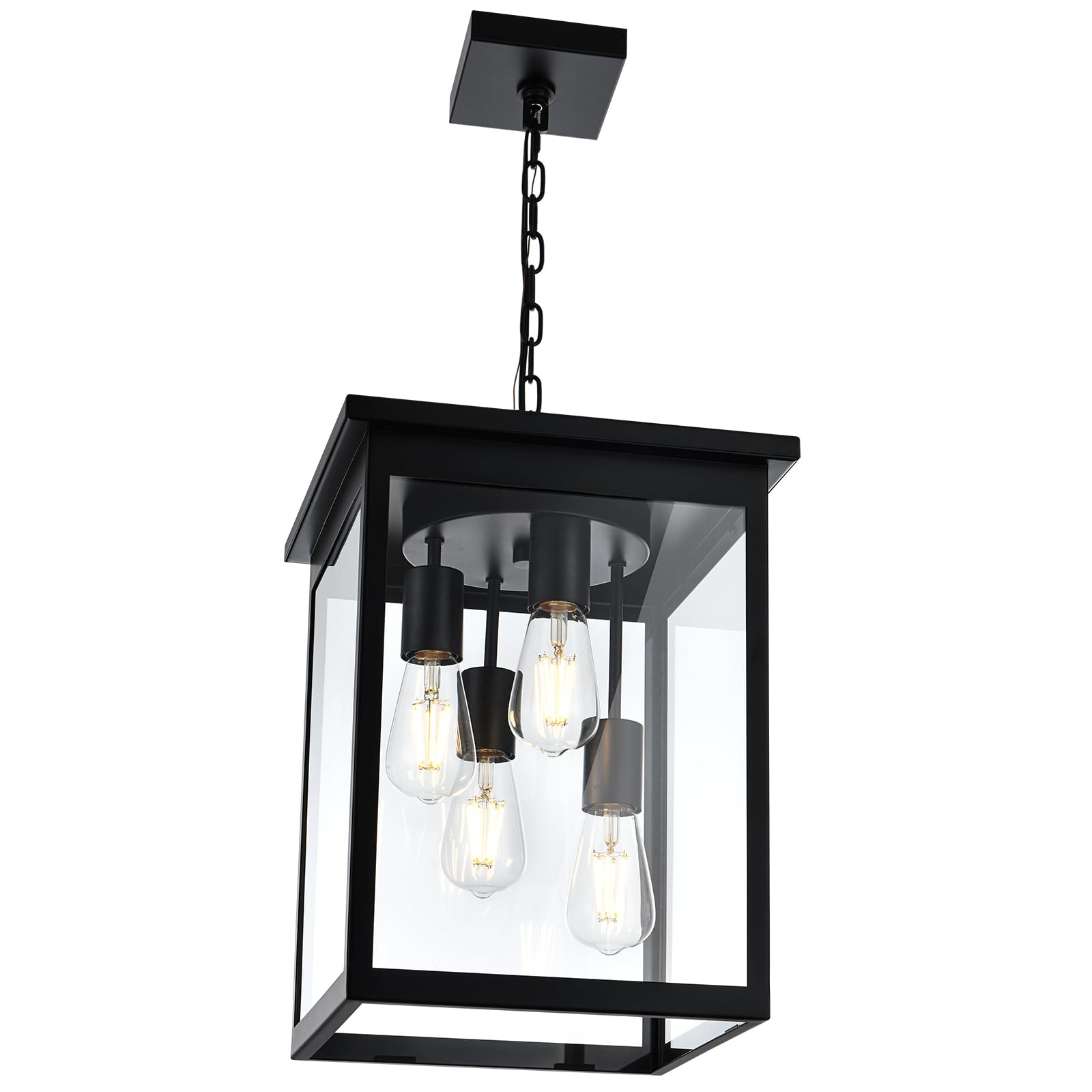 Large Outdoor Pendant Light Fixtures, 4-Lights Black Exterior Ceiling Hanging Lanterns with Clear Glass, Farmhouse Outdoor Chandelier for Front Door Entry Patio