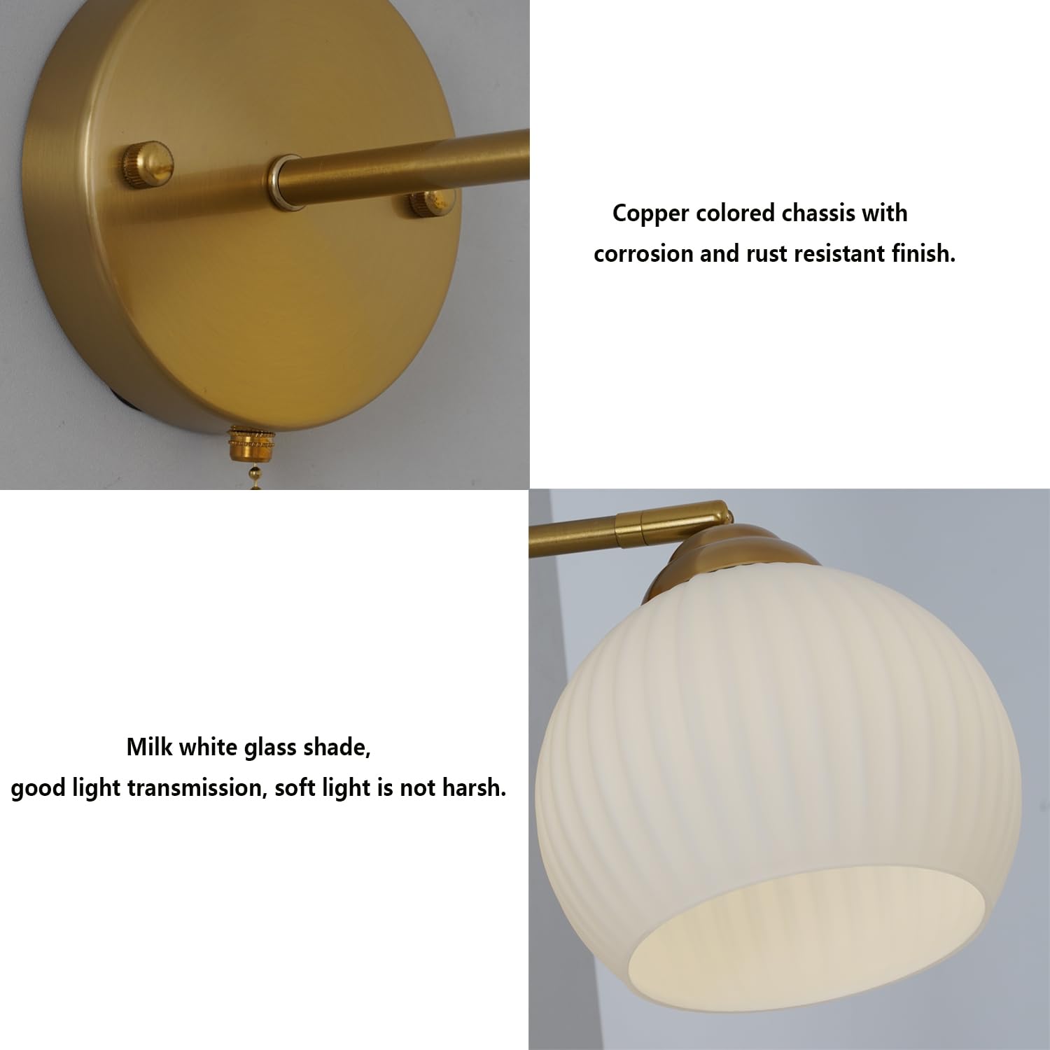 Gold Wall Sconce, mid Century Modern Sconce with Hand Pull Switch Indoor Wall Sconce for Bedroom Bedside Bathroom Kitchen Vanity Hallway Wall Mounted Light Fixture