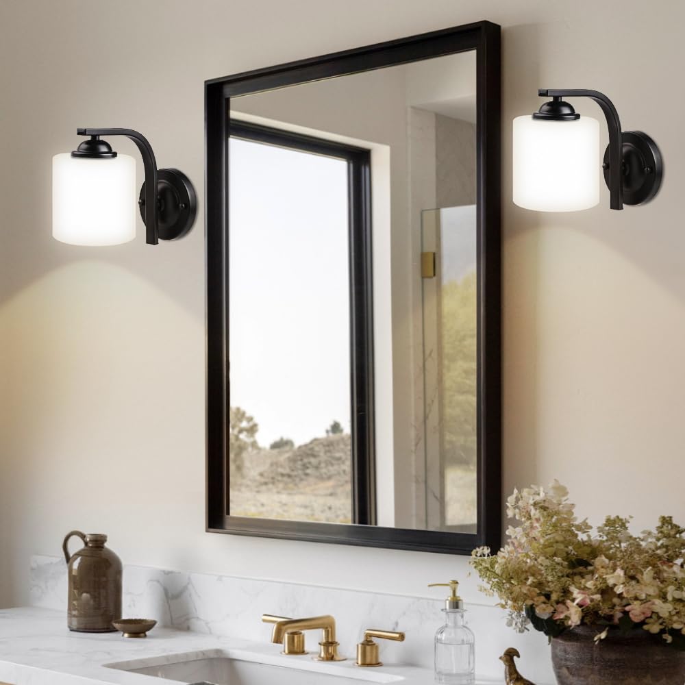 Wall Sconce 1 Light, Modern Wall Light Fixture, Bathroom Vanity Lights with Matte Black Wall Lamp for Bedroom Kitchen Hallway Porch, Milky White Glass Shades, E26 Socket, Bulbs Not Included